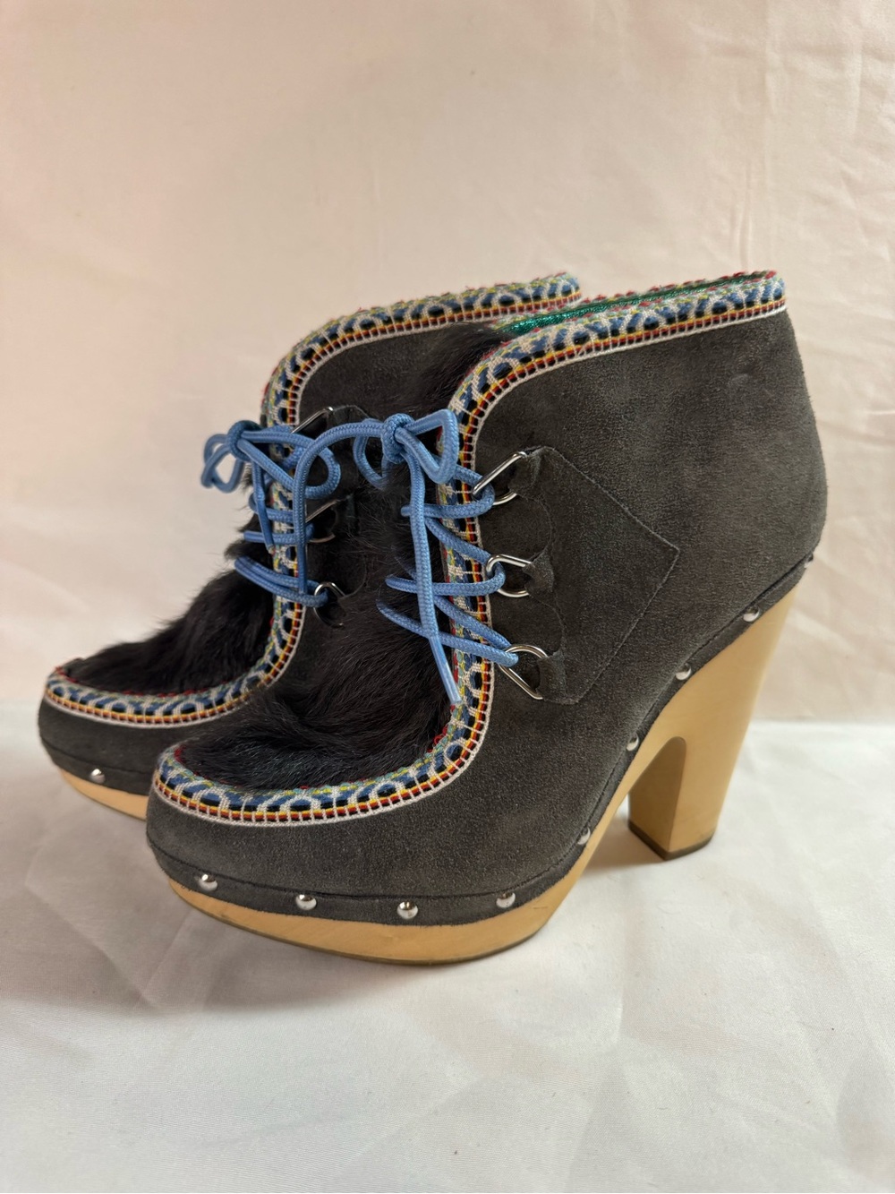 Belle by Sigerson Morrison Gray Suede Shearling Platform Ankle Boots Sz 10